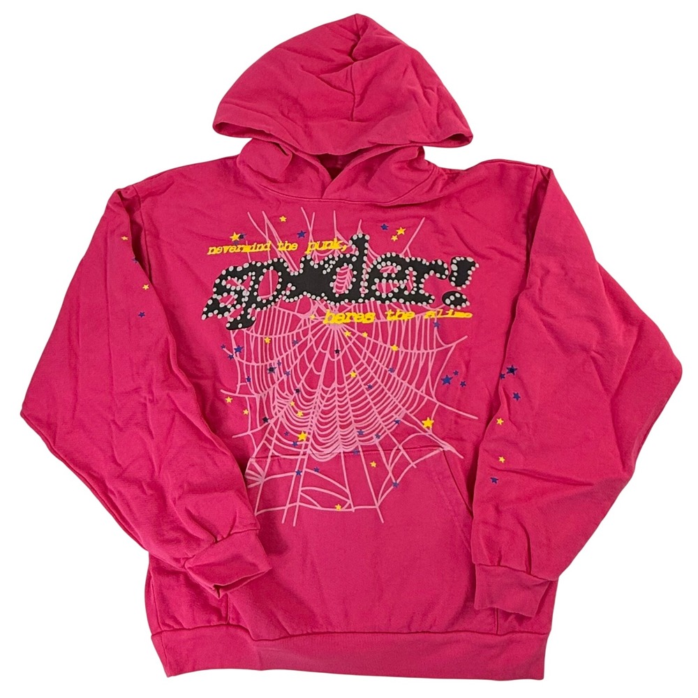 Sp5der Worldwide Pink Punk Hoodie Spider Web Star Graphic Large